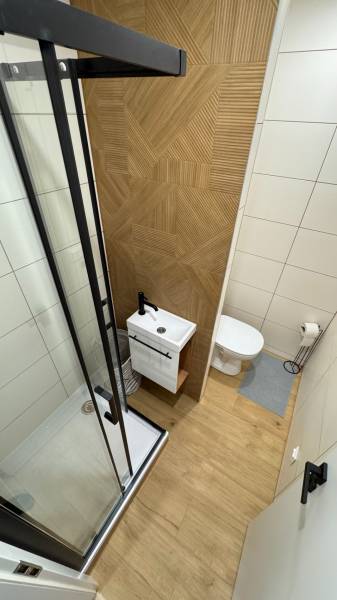 Badezimmer in einer Einzimmerwohnung mit Holzboden und Duschkabine.
