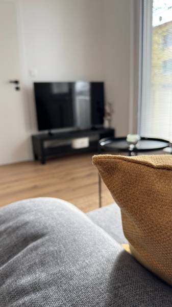 Wohnzimmer in einer Einzimmerwohnung mit Fernseher, Sofa und Holzboden.