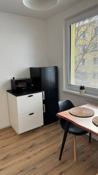 Küche in einer Einzimmerwohnung mit Kühlschrank, Tisch und Boden in Holzoptik.