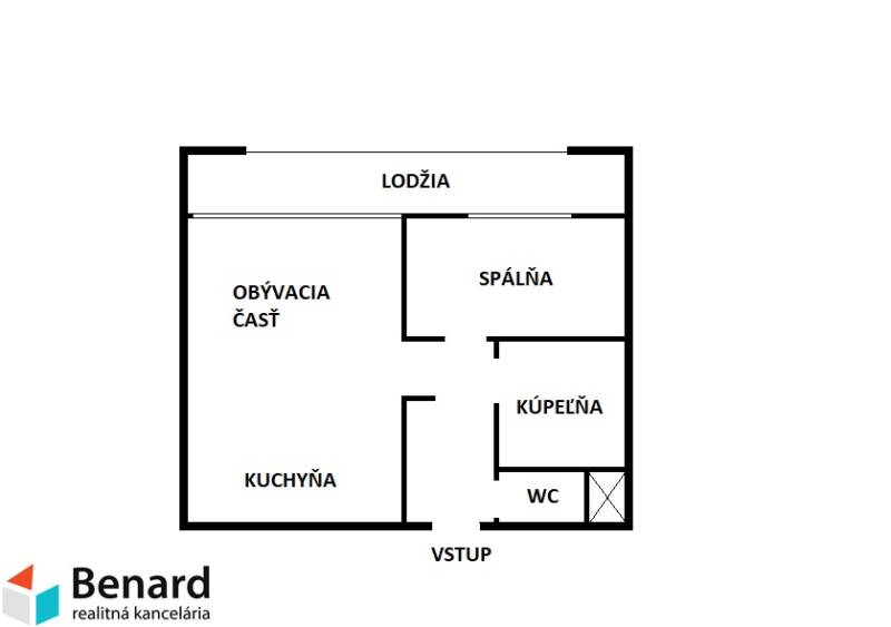 Grundriss einer 2-Zimmer-Wohnung mit Küche, Wohnzimmer, Schlafzimmer, Badezimmer, WC und Loggia.