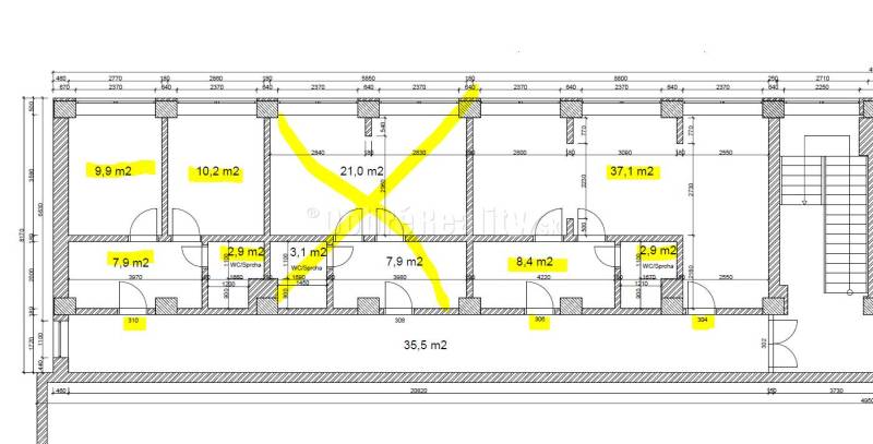 Grundriss der Büros mit genauen Raummaßen, insgesamt 37,1 m2.