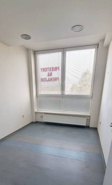 Ein kleines Büro mit großen Fenstern und einem Boden in Holzoptik.