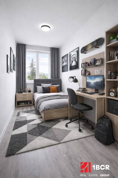 Ein Zimmer mit Holzboden, einem Bett und einem Schreibtisch in einer 3-Zimmer-Wohnung.