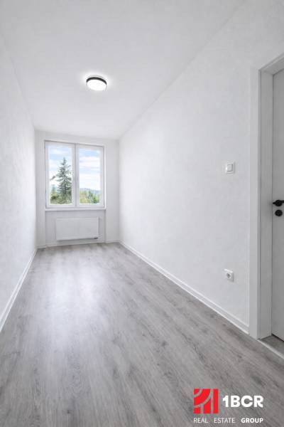 Ein schmaler Raum mit einem großen Fenster und einem Boden in Holzoptik in einer 3-Zimmer-Wohnung.