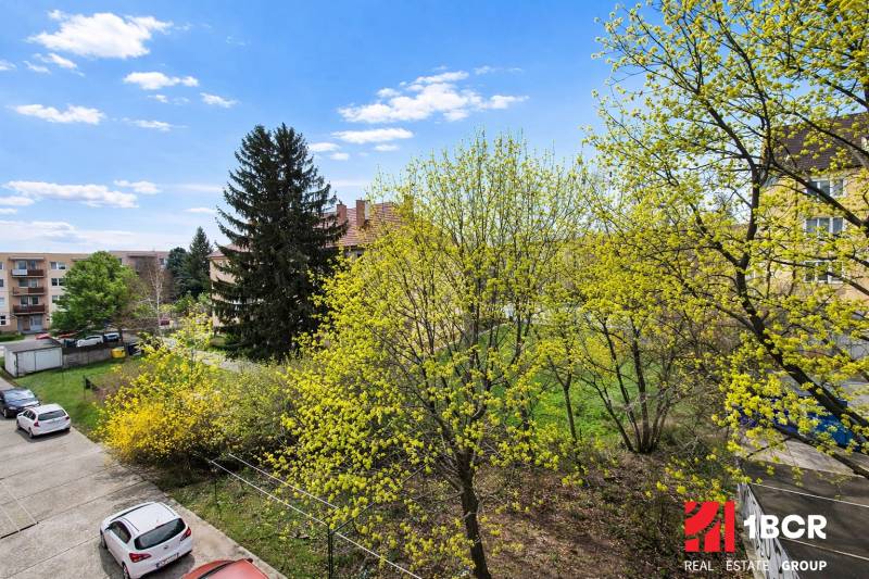 Blick aus einer 3-Zimmer-Wohnung in der Dukelská-Straße in Bernolákovo mit üppiger Vegetation.