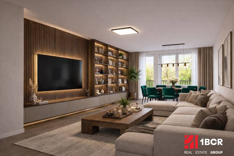 Ein stilvolles Wohnzimmer mit einem Sofa, einem Holzboden und einem großen Fernseher in einer 3-Zimmer-Wohnung.