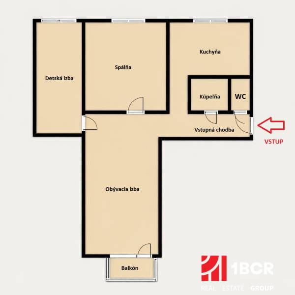 Grundriss einer 3-Zimmer-Wohnung mit Schlafzimmer, Kinderzimmer, Küche und Wohnzimmer mit Balkon.
