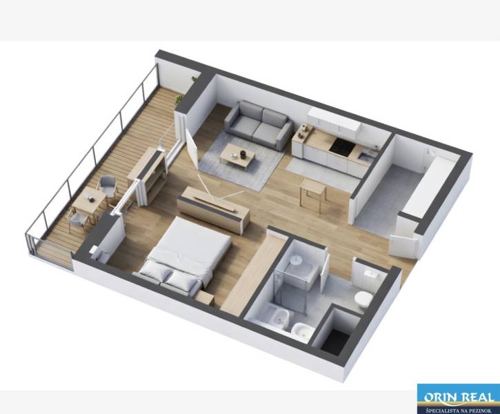 Grundriss einer 2-Zimmer-Wohnung mit Balkon und Holzboden.