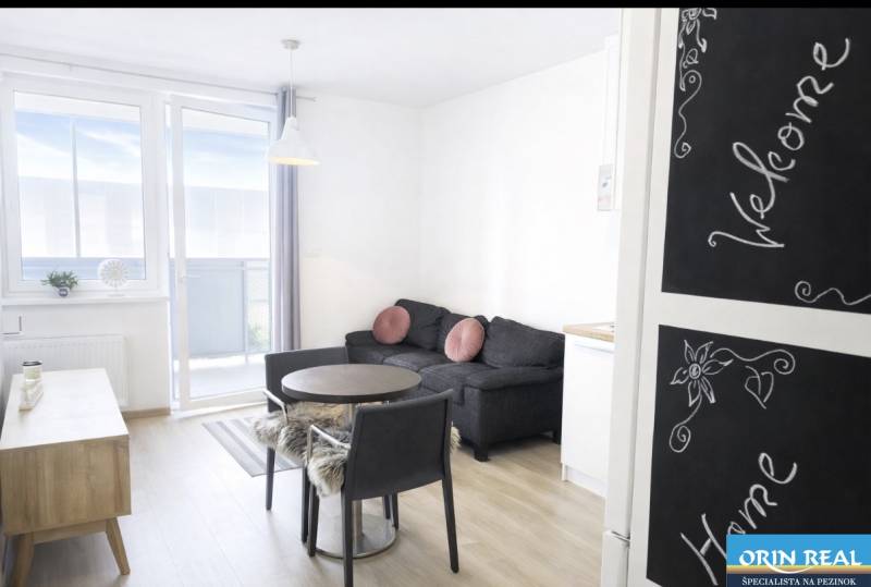 Wohnzimmer in einer 2-Zimmer-Wohnung mit Holzboden und Balkon.