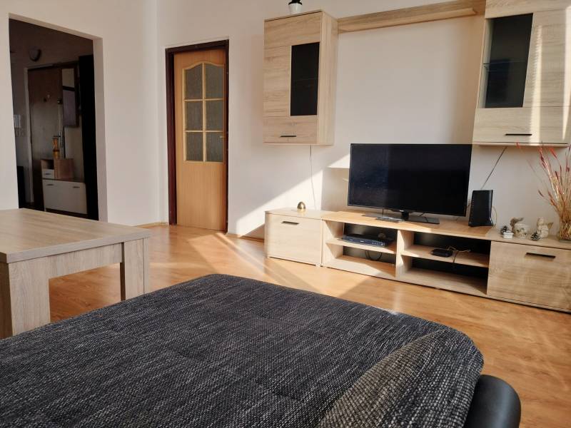 Wohnzimmer in einer 3-Zimmer-Wohnung mit Holzboden, Fernseher und Möbeln.