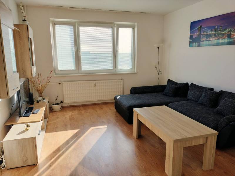 Wohnzimmer mit Sofa, Couchtisch und Holzboden in einer 3-Zimmer-Wohnung.