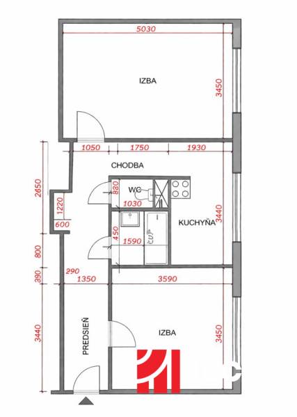 Grundriss einer 2-Zimmer-Wohnung mit der Anordnung der Zimmer und der Küche.