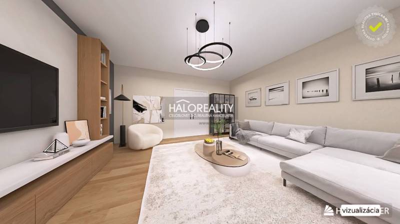 Helles Wohnzimmer mit Sofa, Holzboden und moderner Beleuchtung in einer Vierzimmerwohnung.