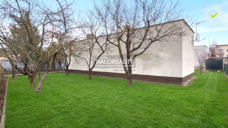 Ein Garten mit Rasen und Bäumen bei einem Einfamilienhaus in Poltár.