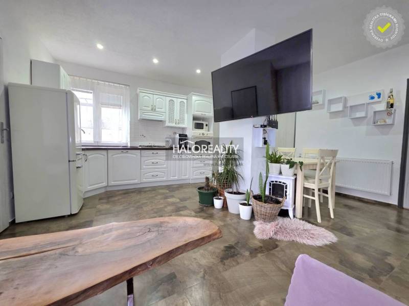 Küche in einem Einfamilienhaus mit weißen Möbeln, dekorativen Pflanzen und einem Boden in Holzoptik.