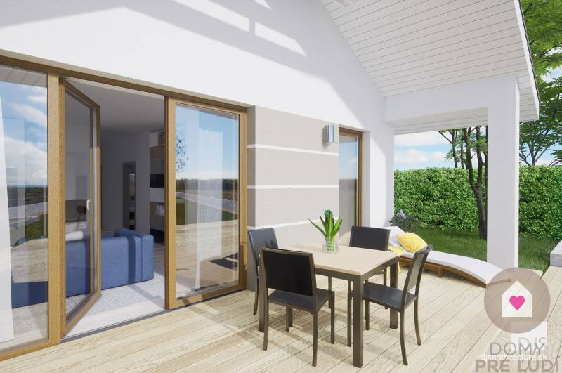 Die Terrasse eines Einfamilienhauses mit einem Boden in Holzoptik, Markisen und Gartenmöbeln.