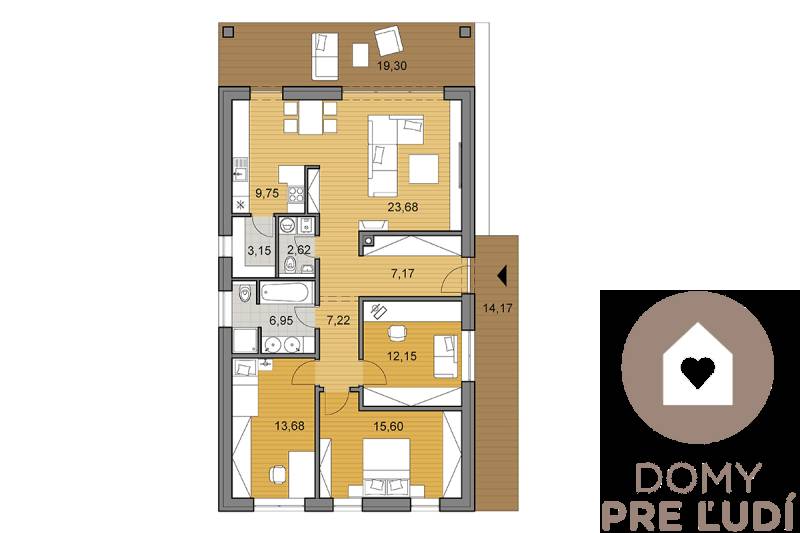 Grundriss eines Einfamilienhauses mit Holzboden und geräumigen Zimmern.