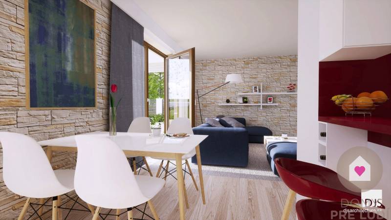 Wohnzimmer in einem Einfamilienhaus mit Holzboden und Steinwänden.