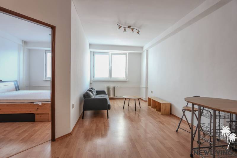 Innenraum einer 2-Zimmer-Wohnung mit Sofa, Tisch und Boden in Holzoptik.