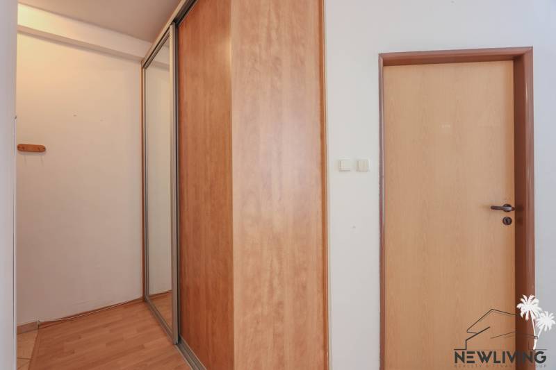 Innenraum einer 2-Zimmer-Wohnung mit einem Schiebeschrank und einem Boden in Holzoptik.