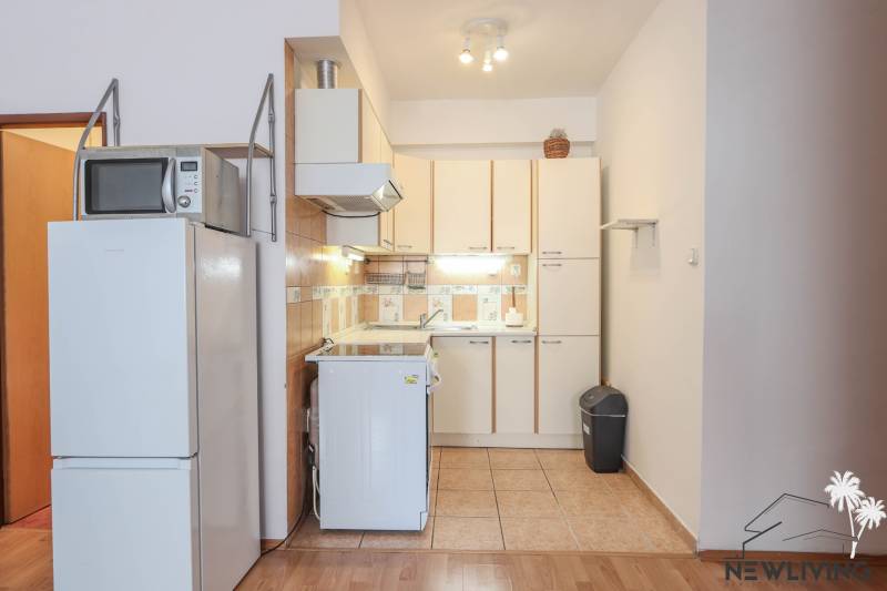 Küchenzeile mit Kühlschrank und Mikrowelle in einer 2-Zimmer-Wohnung, Boden mit Holzdekor.