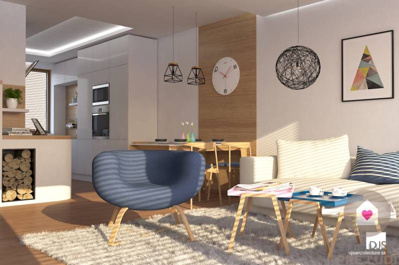 Wohnzimmer in einem Einfamilienhaus mit Teppich, Sessel und Esstisch, Boden mit Holzdekor.