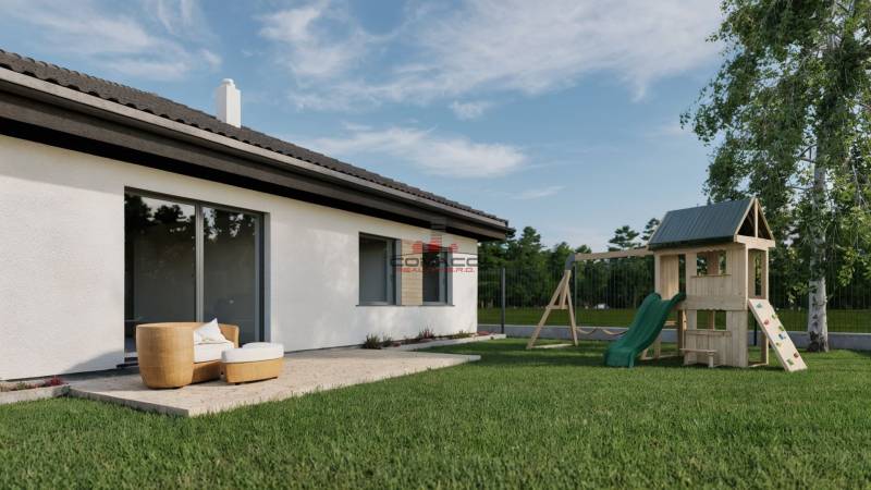 Außenbereich eines Einfamilienhauses in der Kostolná-Straße in Drahovce mit Terrasse und Kinderspielplatz.