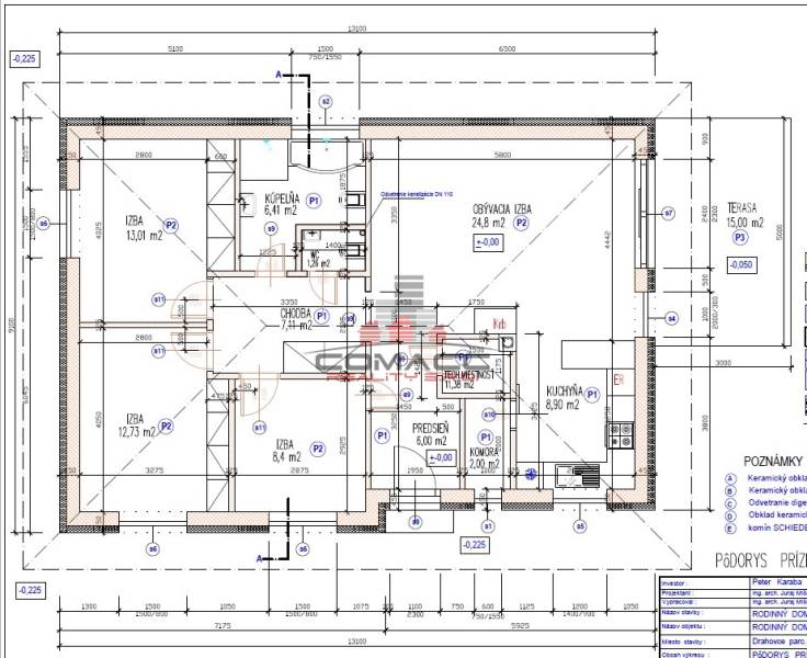 Grundriss des Erdgeschosses eines Einfamilienhauses mit Zimmern, Küche und Terrasse.