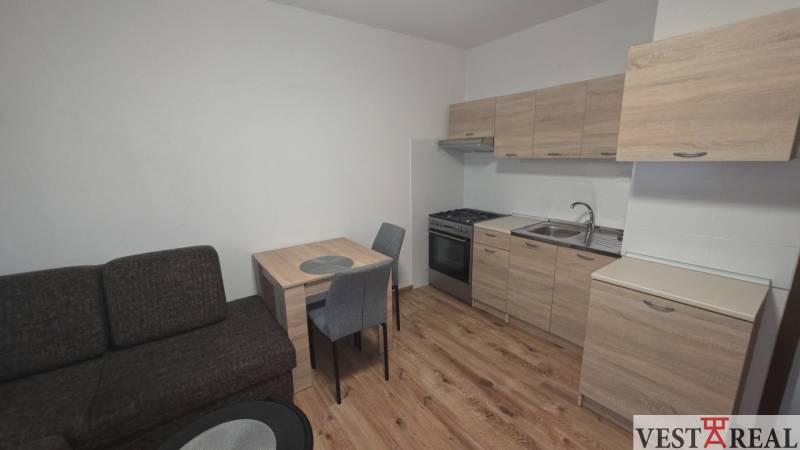 Küche in einer Einzimmerwohnung mit Holzdekor auf dem Boden und Möbeln.