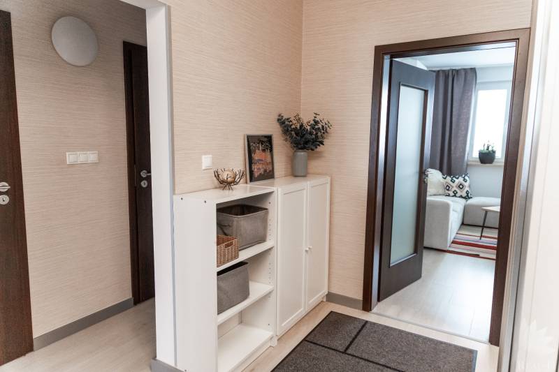 Innenraum einer 4-Zimmer-Wohnung mit hellen Möbeln, Teppich und Zimmerpflanzen.