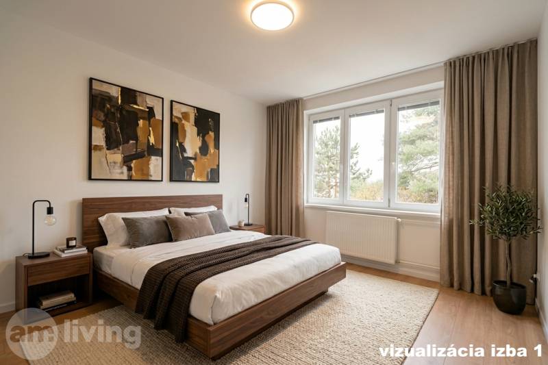 Schlafzimmer in einer 3-Zimmer-Wohnung mit stilvollem Bett, Bilder an der Wand, großes Fenster.