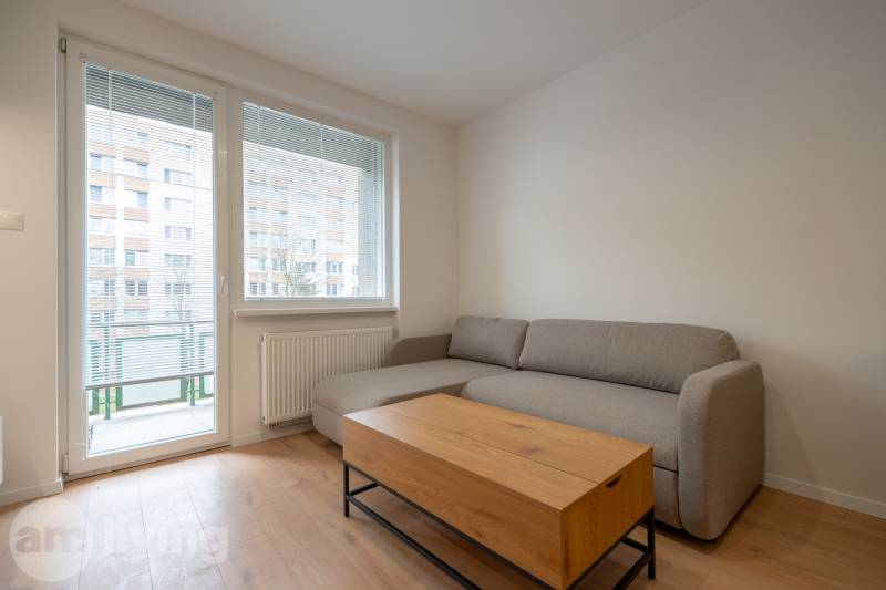 Graues Sofa in einer 3-Zimmer-Wohnung mit einem Tisch und einem Boden in Holzoptik.