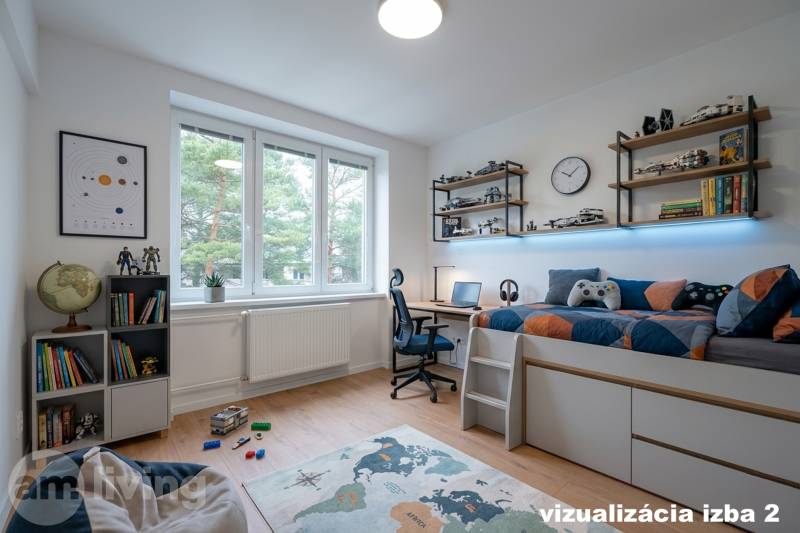 Kinderzimmer in einer 3-Zimmer-Wohnung mit Holzboden und Regalen voller Spielzeug.