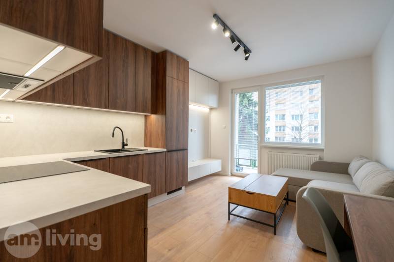 Wohnzimmer in einer 3-Zimmer-Wohnung mit Küchenzeile und Holzboden.