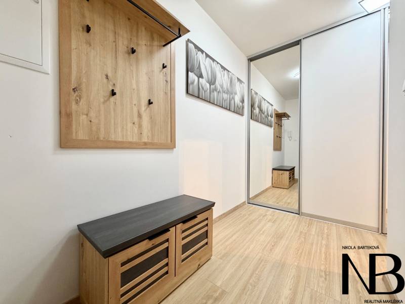 Flur einer Einzimmerwohnung mit Garderobenwand und Boden in Holzoptik.