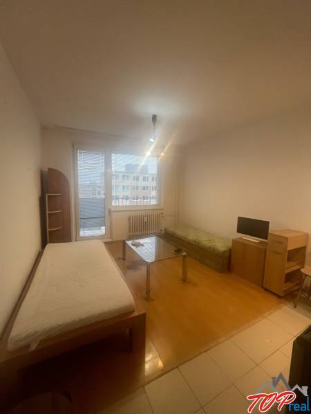 Einzimmerwohnung mit Holzboden, Bett, Sofa und Tisch, einfaches Interieur.