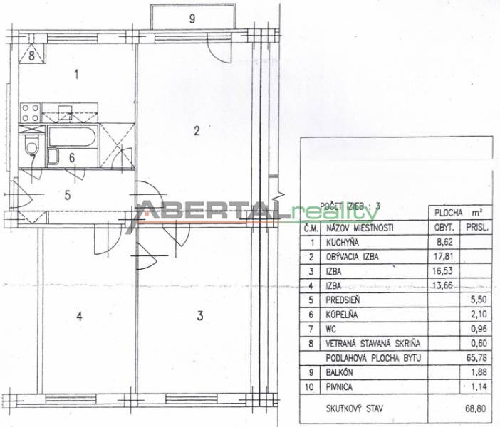 Grundriss einer 3-Zimmer-Wohnung mit Raumaufteilung und Balkon.