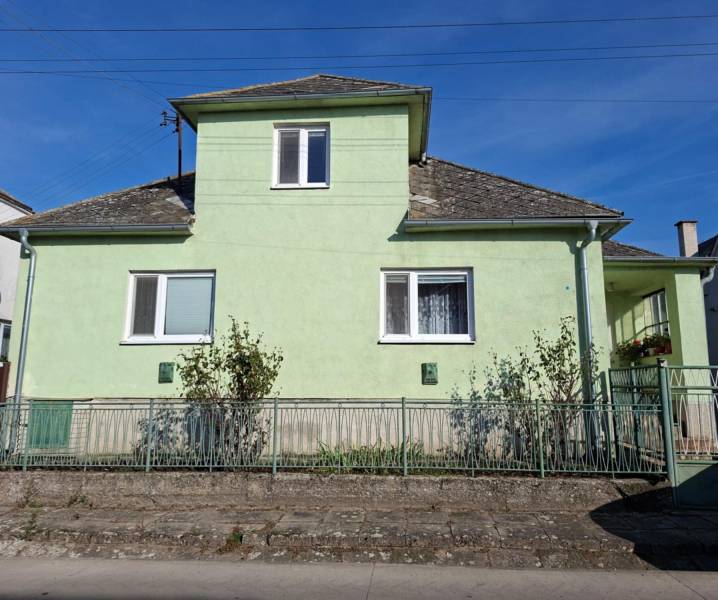 Ein Einfamilienhaus in Malé Leváre mit einer hellgrünen Fassade und einem steilen Dach.