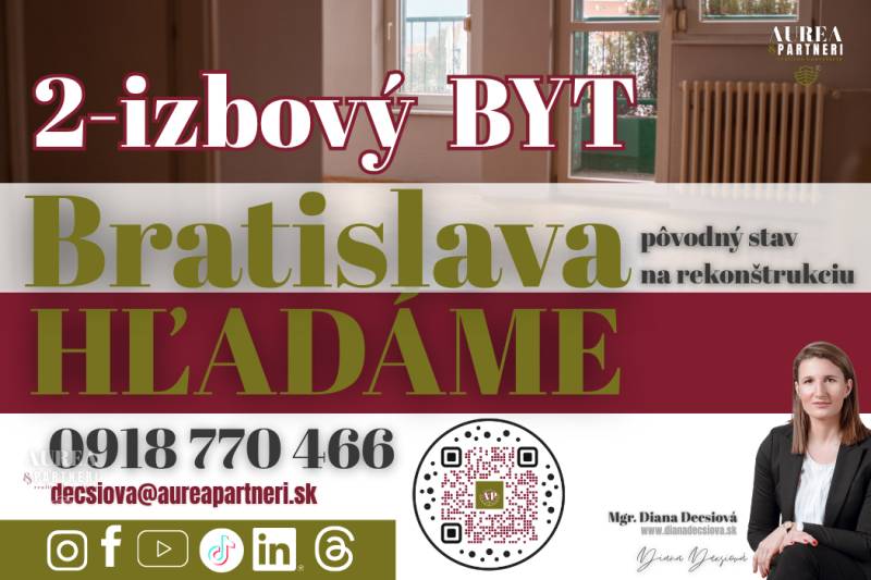 Hľadanie 2-izbového bytu v Bratislave na rekonštrukciu, kontakt a QR kód.

Suche nach einer 2-Zimmer-Wohnung in Bratislava zur Renovierung, Kontakt und QR-Code.