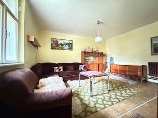 Wohnzimmer in einem Einfamilienhaus mit einem Sofa und einem Teppich auf einem Boden mit Holzdekor.