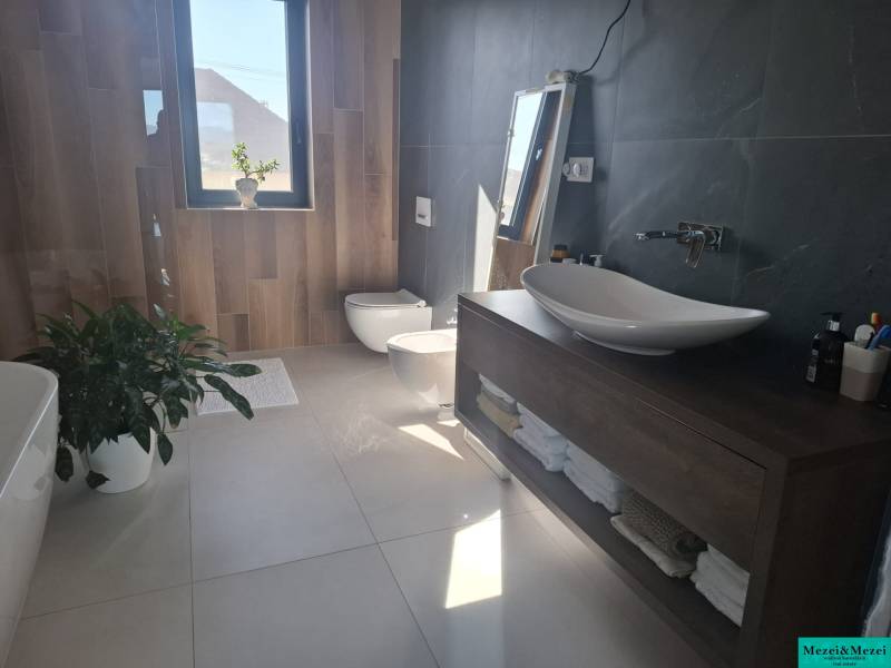 Badezimmer im Einfamilienhaus mit Badewanne, Waschbecken, Bidet und dekorativer Begrünung.