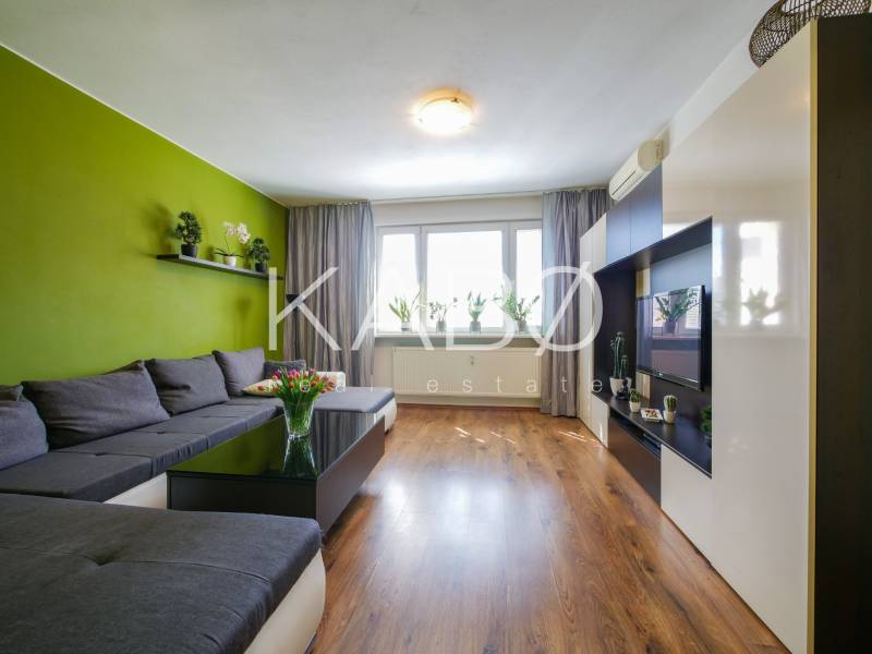 Wohnzimmer in einer 3-Zimmer-Wohnung mit Sofa, Holzboden und grüner Wand.
