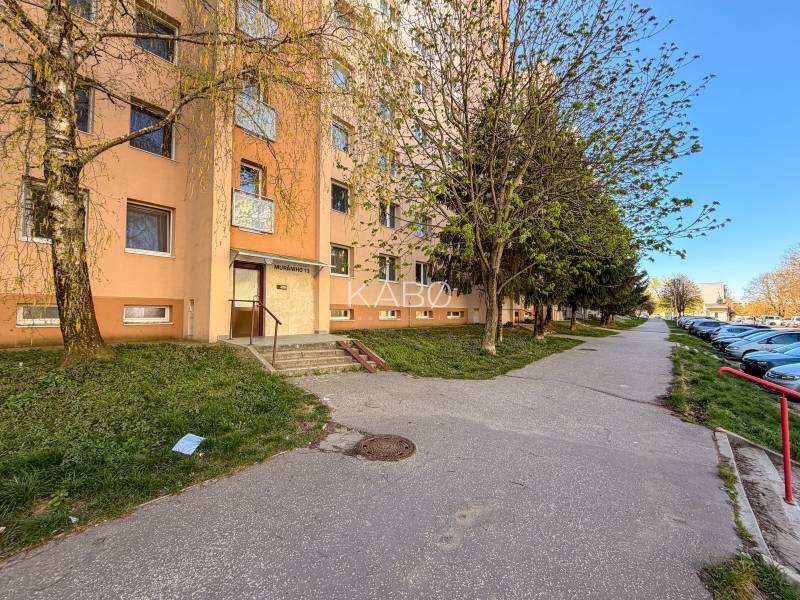 Wohnhaus in der Murániho-Straße in der Stadt Nitra, neben dem Gehweg und den Bäumen.
