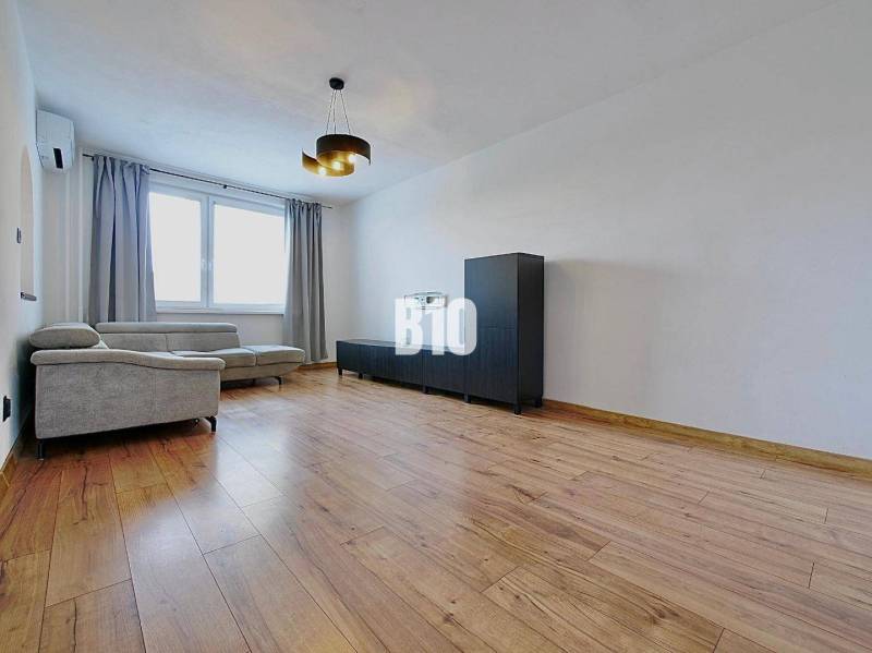 Wohnzimmer in einer 3-Zimmer-Wohnung mit einem bequemen Sofa und einem Boden in Holzoptik.