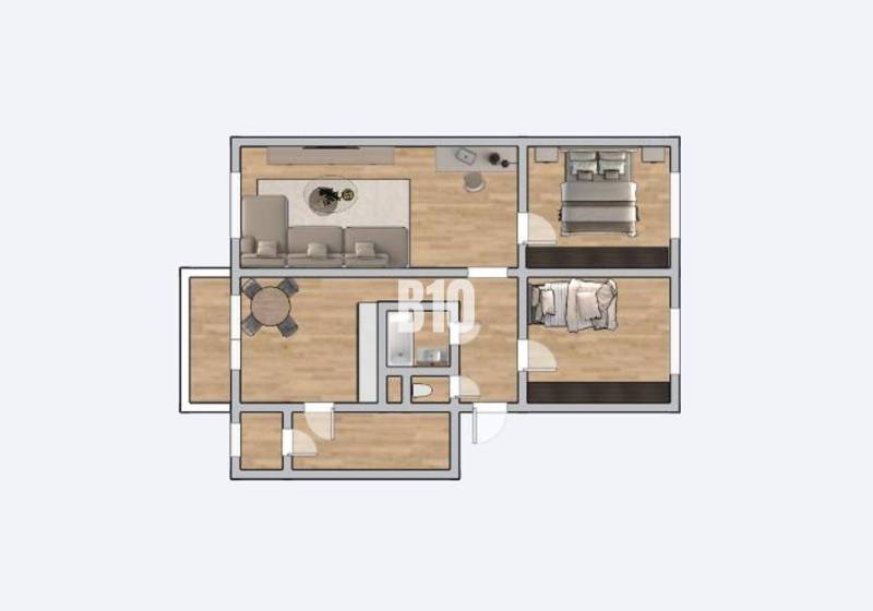Grundriss einer 3-Zimmer-Wohnung mit Holzbodenoptik und praktischer Raumaufteilung.