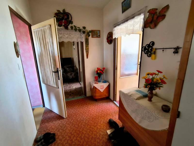 Eingangsbereich einer 3-Zimmer-Wohnung mit Teppich, Möbeln und Blumen zur Dekoration.