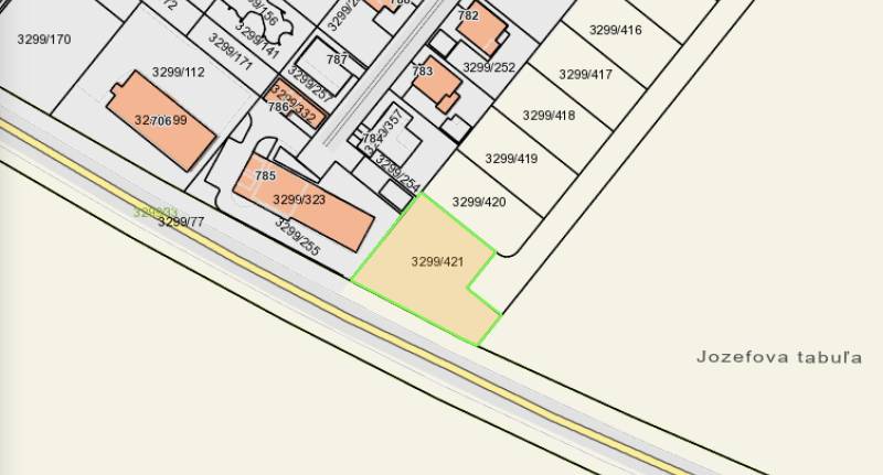 Katasterkarte der Grundstücke - Gewerbegebiet in Kráľová nad Váhom, hervorgehobenes Grundstück mit der Nummer 3299/421.