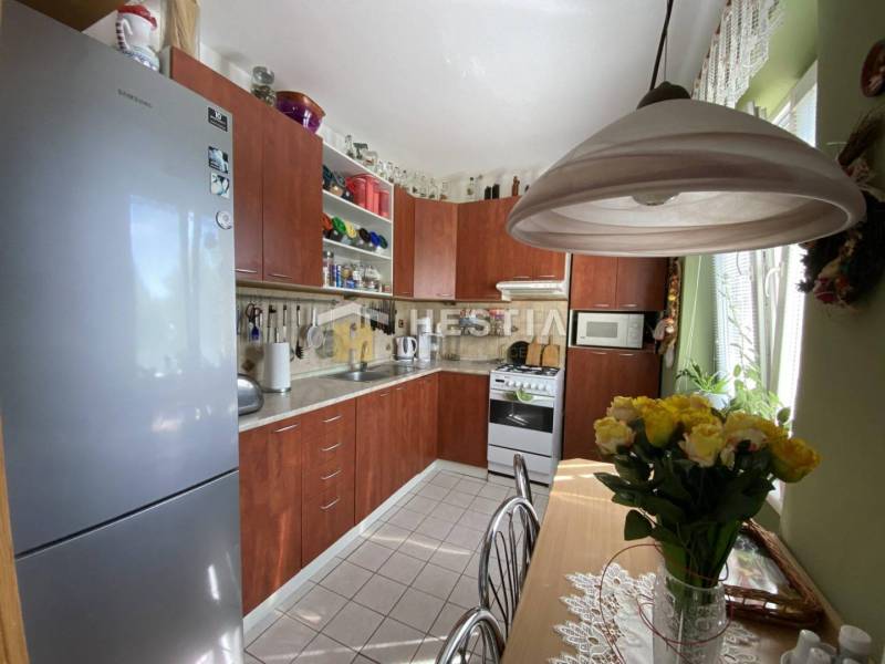 Rustikale Küche in einer 2-Zimmer-Wohnung mit Esstisch und vollen Regalen.