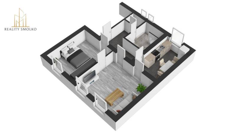 Wohnzimmer und Küche in einer 2-Zimmer-Wohnung mit Holzboden.