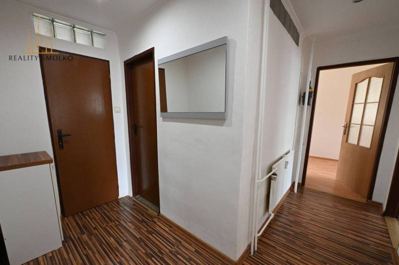 Der Flur in einer 2-Zimmer-Wohnung mit einem Boden in Holzoptik und einem Spiegel an der Wand.